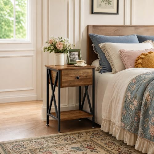 VECELO Nightstands Set of 2, Modern Bedside End Tables, Night Stands with Drawer and Storage Shelf for Living Room Bedroom, Industrial Metal Frame