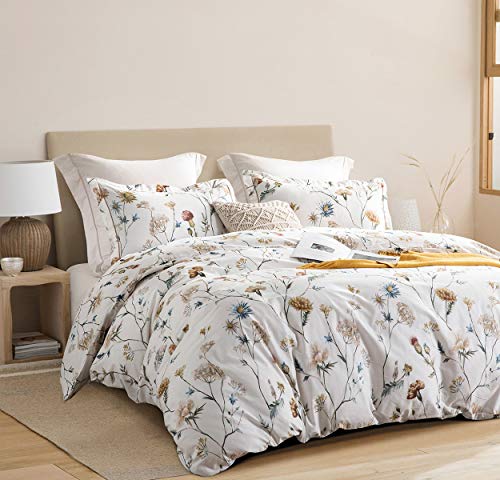 SLEEPBELLA Duvet Cover Queen Size, 600 Thread Count Cotton Yellow & Blue Flowers Printed on Off-White Luxury Floral Comforter Cover Sets, Bedding Set 3Pcs (Queen, White Floral)