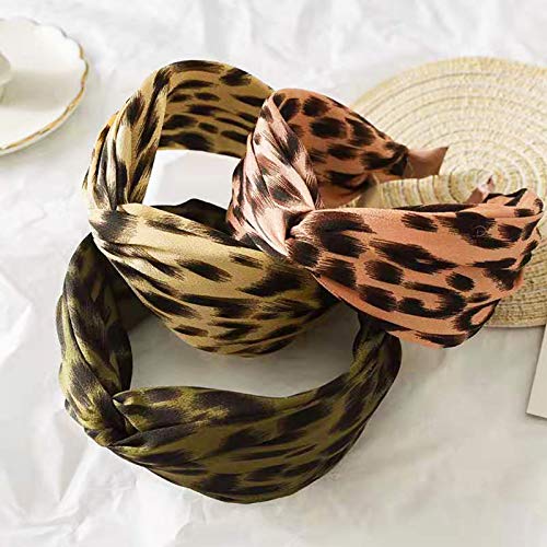 3 Pcs Headbands for Women Knotted Headbands Leopard Print Wide Headbands for Women Fashion Knot Headband Hair Accessories for Women's and Girls (pink, green, khaki)