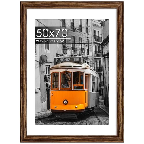 QPQIYIY 50x70cm Brown Frame Engineered Wood and Plexiglass Picture Frames 50cmx70cm with Mount for A2 Prints Photos and Posters Wall Mountable Poster Frames 50 x 70cm