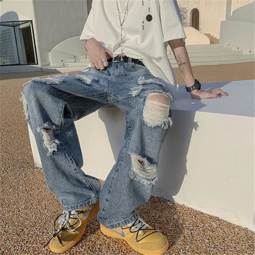 Men Summer Blue Black Ripped Jeans Wide Leg Jeans Streetwear Loose Straight Hole Denim Pants3