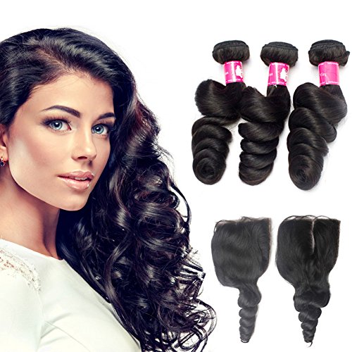 Forawme Brazilian Virgin Hair Loose Wave With Lace Closures 4bundles