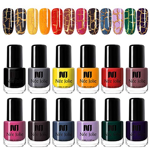 NEE JOLIE 3.5ml Crackle Nail Polish Natural Dry Colorful Nail Art Varnish Manicure DIY Design 12 Bottles（NJ-013）