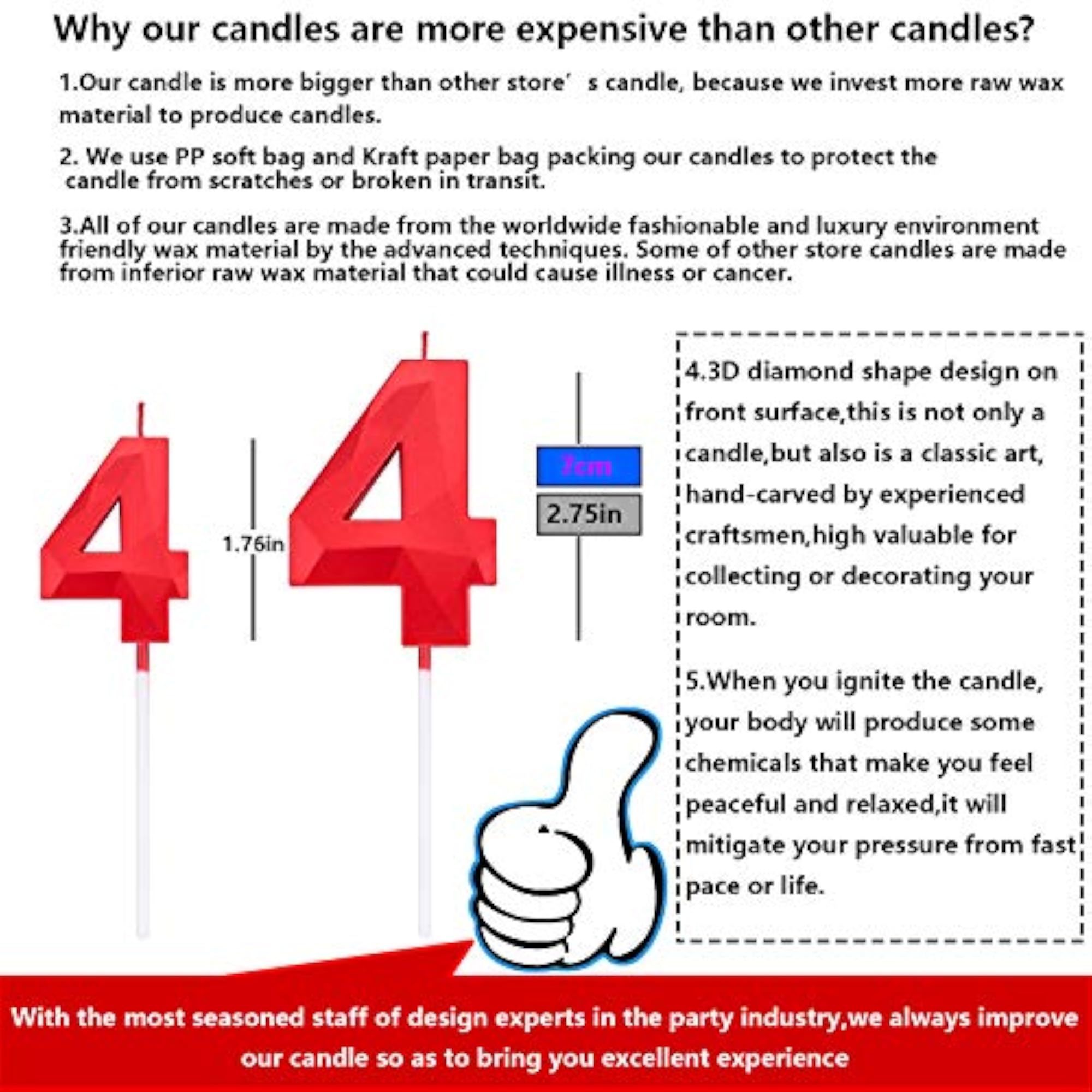 3D Diamond Shape Bright Red Candles, 4 Count