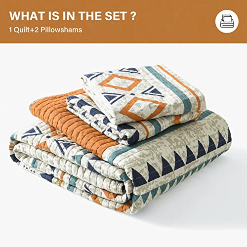 Sahsahcasa Quilt Queen Size, 100% Cotton Boho Quilt, Queen Quilt Bedding Set Bedspreads, Bohemian Lightweight Striped Geometric Quilts Bedspread For Queen Bed, For All Season, Orange, 3 Pieces #TOP5