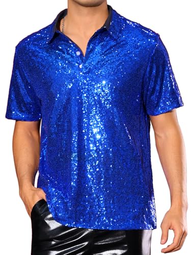 Lars Amadeus Sequin Polo for Men's Sparkle Short Sleeves Club Party Shiny Golf Shirts