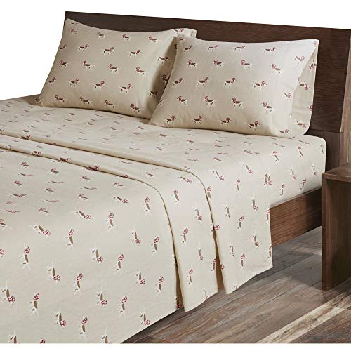 Image of Woolrich Cotton Sheet Set Cottage Charms Print, 100% Cotton Flannel Sheets Warm & Fuzzy Bedding Set Cal King Size Sheets, Fitted Pocket Fits Up to 14 inch Mattress, Cal King Tan Dog, 4 Piece