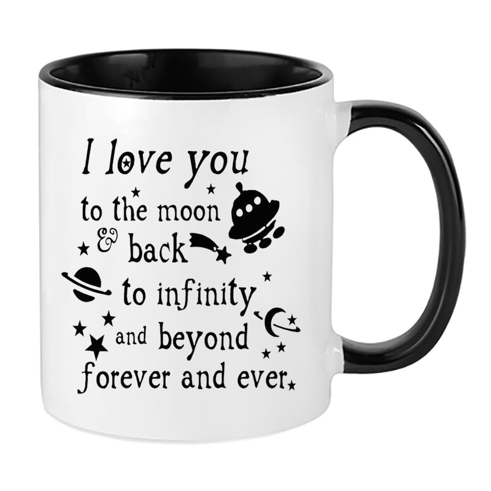 Giftme I Love You to The Moon & Back to Infinity and Beyond Forever and Ever, Inside Coloured Mug, Ceramic Coffee, Tea Mug. (Black)