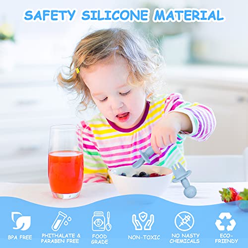 Vicloon Babylöffel, 4 Stück Baby Fütterlöffel aus Extra Weich Silikon, BPA Frei Baby Gabel und Löffel Set, Babybesteck für Baby, Kleinkind, Kinder - Grün+Blau