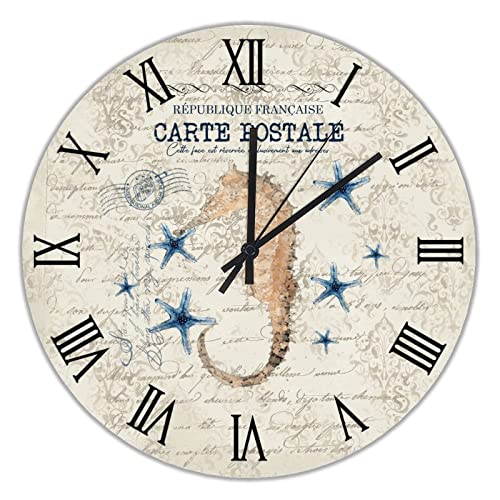 Carte Pogtale - Reloj de pared de madera con diseño de caballo de mar, reloj numérico con temática oceánica, funciona con pilas, silencioso, 30,5 cm, rústico, rústico, reloj de pared decorativo para