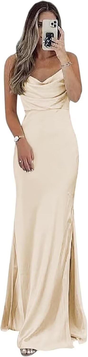 Satin Bridesmaid Dress for Women Spaghetti Straps Slit Prom Dress Formal Summer Max...