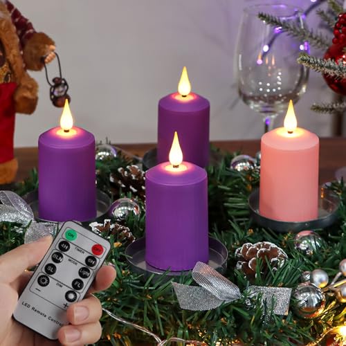 Image of yunsheng Flameless Advent Candles Purple and Pink, 4 Inch Battery Operated LED Advent Pillar Candles with Remote Timer, 350+ Hours Long Lasting Candles for Christmas Advent Rituals and Wreath,Set of 4