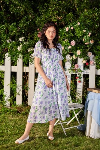 Image of Scarlet Darkness Women's Floral Print Summer Dresses Square Neck Puff Sleeve A Line Flowy Dress Boho Maxi Dress Purple 2XL