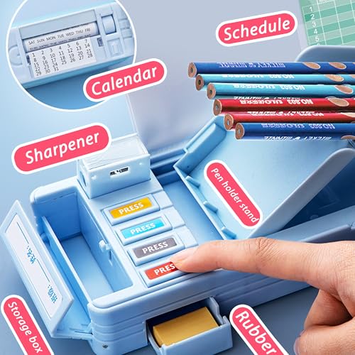 Image of Pop Up Multifunction Pencil Case with Pencil and Eraser, Cute Cartoon Pen Box Organizer Stationery, Sharpener, Schedule, Best Birthday Gifts for Kids Teens(Light blue)