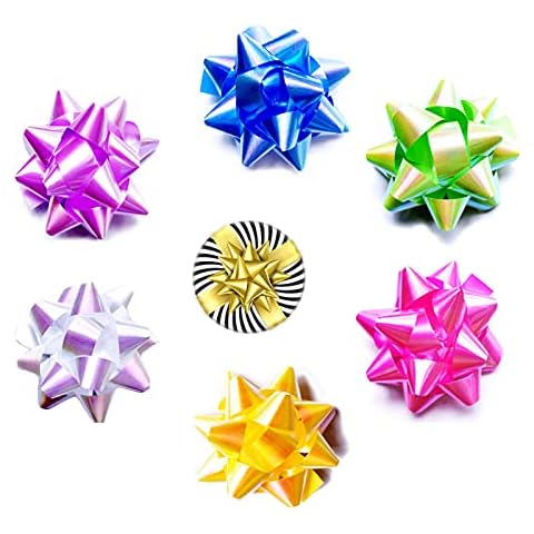 elify Mini Gift Bows, 2.5 inch rainbow bow Tiny Wrap Bows for Small Gift Wrapping, Poly Sticky Bows 6 Colors Star Bows for Crafts, Candy, Xmas Cover