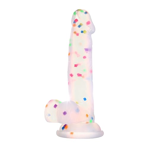 Seiecft 6.5 Inch Confetti Clear Silicone Dildo with Flared Suction Cup Base for Hands-Free Play, Flexible Dildo with Curved Shaft and Balls for Vaginal G-Spot and Anal Prostate - 6.5 Inch - Confetti