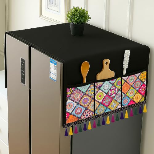 Image of Refrigerator Double Door Waterproof, Dustproof, Tassel Lace Refrigerator Top Cover, Protective Covers for Fridges with Extra Storage Space Nylon Top cover with 6 Storage Pockets ( Multi, 170 x 65 cm )