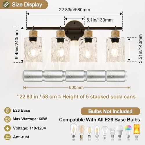Image of MOKATNG Bathroom Light Fixtures, 4-Light Coastal Vanity Lights with Crystal Glass Shade, Oil-Rubbed Bronze Bathroom Wall Lamp for Mirror Kitchen Hallway Cabinet