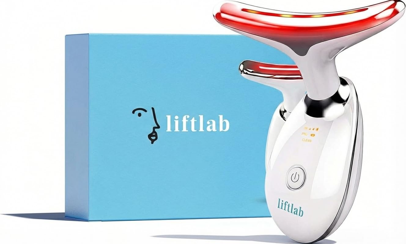 LED Face and Neck Massager – LiftLab 3-in-1 Beauty Sculptor with Red, Blue and Green Light Modes – at-Home Skincare Tool with Vibration Massage and Improved Battery