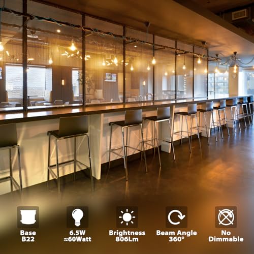 LVWIT B22 LED Filament Bayonet Bulb, 6.5W GLS Energy Saving Bulbs, Retro Glass A60 LED Bulbs,60W Equivalent, 806Lm, 2700K Warm White A60 Clear Filament Bayonet Cap,Non-dimmable (6 PCS) - Image 6