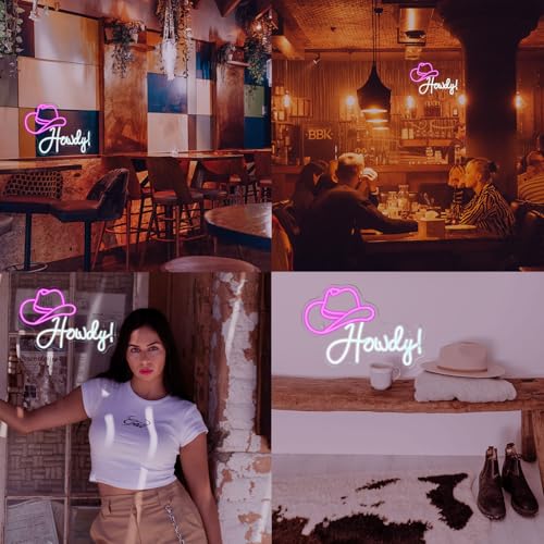 Image of ineonlife Cowboy Hat Neon Sign Howdy Neon Lights Pink Led Neon Signs Preppy Girls for Wall Decor Light Up Sign for Bar Beer Bedroom Living Room Beauty Girls Club Decoration Gifts