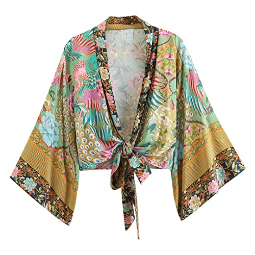 Kimono court vintage imprimé floral pour femme à col en V