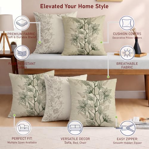 Image of STITCHNEST Set of 5 Polycotton Cushion Covers - 12x12 Inches - Beige & Olive Botanical Line Art Print - Elegant Floral Throw Pillow Covers for Sofa & Living Room | Perfect for Home Decor