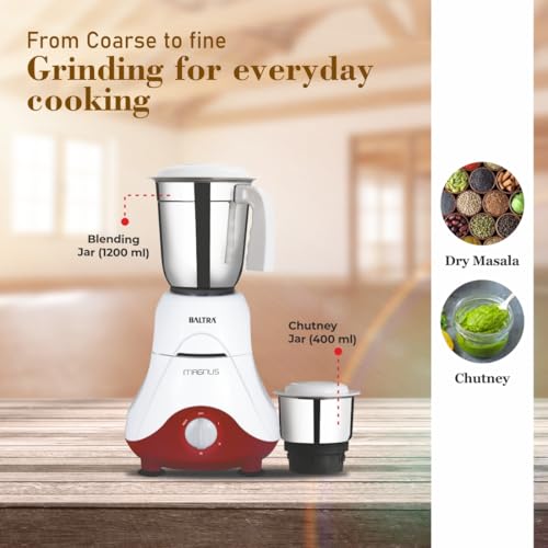 Image of Baltra Magnus BMG-161 Mixer Grinder 550W | 2 Multipurpose Jars, Powerful Grinding, Stainless Steel Material, Adjustable Speed Control, Low Noise, Overload Protection, 2-Year Warranty