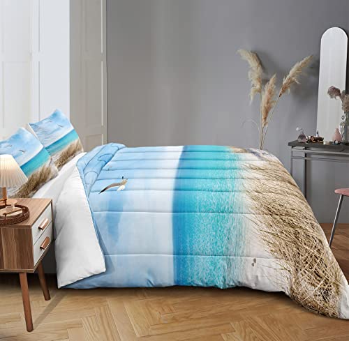 MOVE OVER Blue Ocean Bedding Set Beach Themed Comforter Set Queen Size 4 Pcs White Seagull and Seaside Rocks Seascape Pattern Blue Island Scenery Coastal Bedding Sets Ocean Beach Bedding Sets - Image 3
