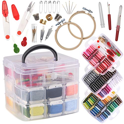Embroidery Floss Kit with 200 Pcs | 100 Colorfull and 50 Neutral Colors Embroidery Floss | Friendship Bracelet Strings | Fixing Rings | Perfect for Sharing | 3-Tier Transparent Box for Storage