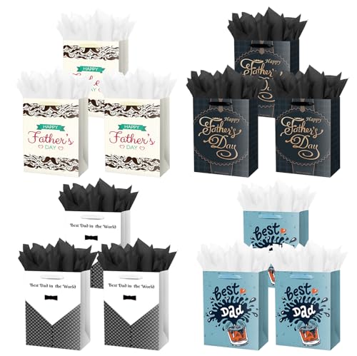 Lyforpyton 9 Small Father Gift Bag with Tissue Paper Bulk Kraft Paper Gift Bag Suitable for Fathers and Grandfathers Best Dad Gifts Bags (12PCS)