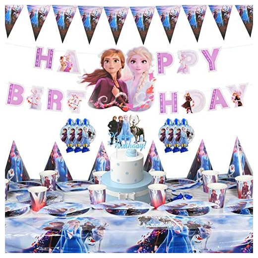 Vajilla de Cumpleaños de Niños,56Pcs Vajilla de Fiesta de Cumpleaños Fro-zen Incluyendo Platos, Toallas, Manteles, Dragon Blow, Sombreros Triangulares, Decoración de Pasteles, Banderín