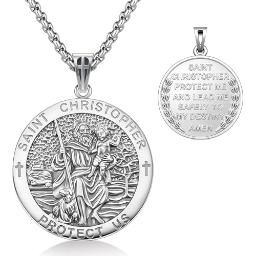 St Christopher Necklace 925 Sterling Silver Jewellery Saint Christopher Pendant Necklace Gifts for Women Men Graduation Anniversary Birthday Christmas Mothers Day Valentines Day Faith Religion