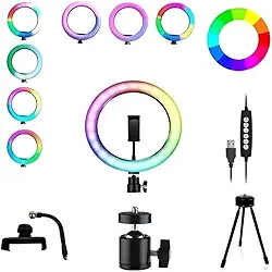 Kit Ring Light LED Anel RGB 8P 20cm com Suporte para Celular, Tripé e Ball Head, Ajustavel, Controle de Cores, Luz gravaçao, Mesa, Influencer, Tik, Selfie, Gravaçao Video, Foto, Top