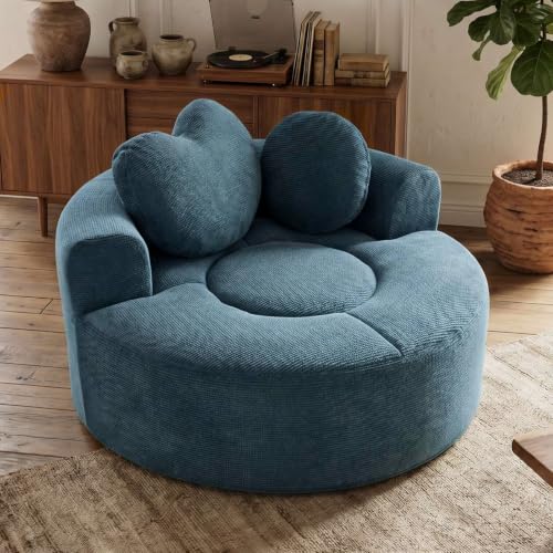 Image of Trustyue Boneless Couch,Comfy Fluffy Sofa Bed,Upholstered Sleeper Sofa with Cup Holder and Throw Pillows,Corduroy Plush Cloud Lounge Chair (Blue, Waffle Polyester)