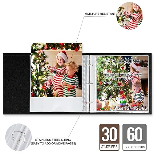 Lanpn 12x12 inch Scrapbook Photo Album, Linen Cover Archival Acid Free Top Load 3 Ring Binder Folder Photo Book 30x30 cm with 30 Plastic Sleeves 60 Pages (Black) - Image 4