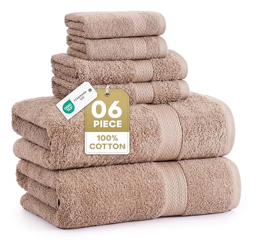 Image of LANE LINEN 6 Piece Premium Spa & Hotel Quality Hand Towel Set, 100% Cotton, Highly Absorbent, Ultra Soft (2 Bath Towels, 2 Hand Towels, 2 Washcloths, Taupe)