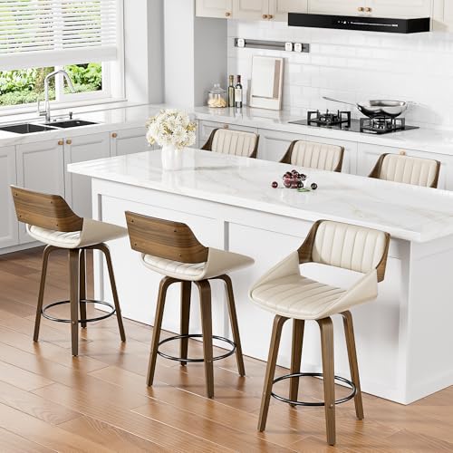 Image of YaFiti Bar Stools Set of 4, 26 inch Swivel Counter Height Barstools with Bentwood Back and Legs, Mid Century Modern Upholstered Faux Leather Counter Stools for Kitchen Island, Dining Room, Cream White
