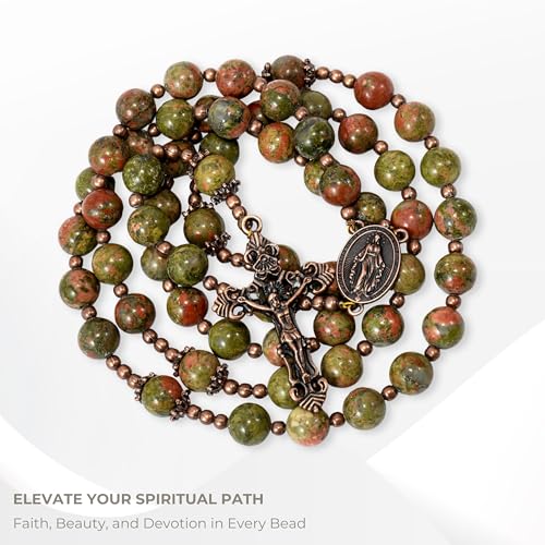 Unakite Stone Beads Rosary, Catholic Rosary Necklace with Metal Caps, Miraculous Medal and Jesus Crucifix, Handmade Strong Rosary Cross Necklace, Catholic Gifts for Men and Women3