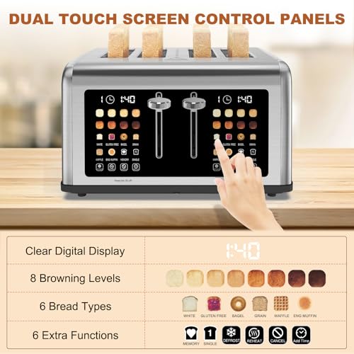 4 Slice Toaster Touch Screen, Stainless Steel Toasters Digital Timer, Dual Control Panel Toasters, 8 Shade Settings 6 Bread Types for Bagel, Cancel, Defrost 1650W - Image 5