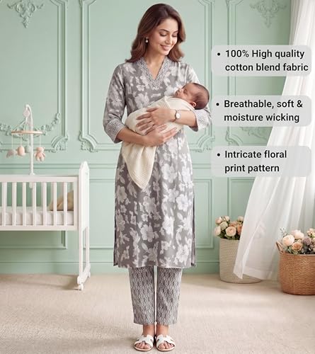 Image of DUMMY SHAPE Feeding Kurtis for Women Cotton Blend | Floral Kurta Pant Dupatta Set with Nursing Zippers to Pre & Post Partum | Maternity Dresses | Mom to Be Gifts for Pregnant Woman