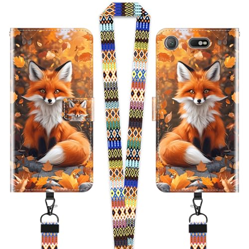 JEZSTHAI Hülle Kompatibel mit Sony Xperia XZ1 Compact Leder Handytasche Schutzhülle mit Muster(Rotfuchs),Flip Hülle Magnetverschluss Handyhülle mit Handykette/Handy Umhängeband