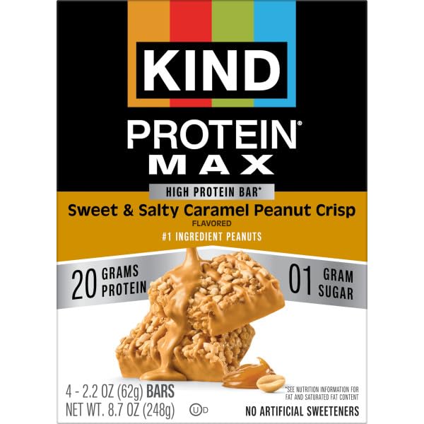 Image of KIND Protein MAX Bars, Sweet & Salty Caramel Peanut Crisp, Gluten Free, Low Sugar, High Fiber Snacks, 20g Protein, 24 Count