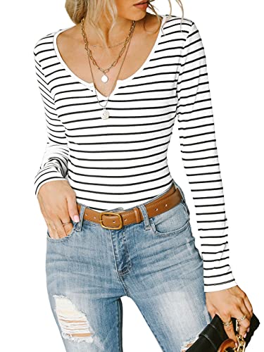 Cupshe Women's V Neck Knit Blouse Classic Fall Long Sleeves Tops Work Shirts With Striped Pattern, White M #TOP9