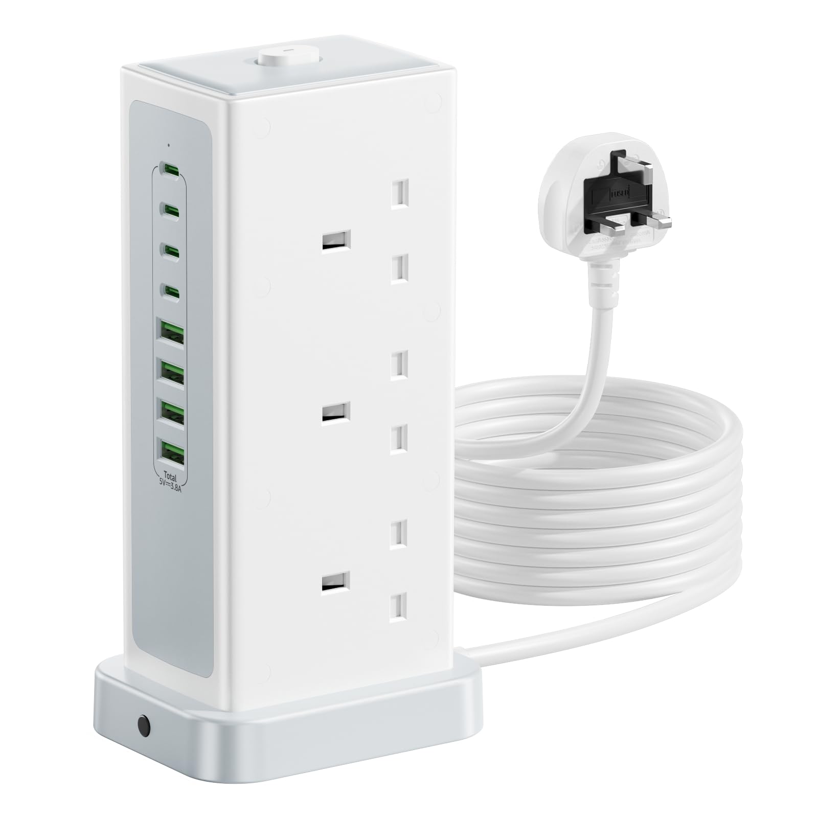 Tower Extension lead with USB Slots,6 Way (13A/3250W) Plug Extension Socket with 4 USB C & 4 USB A, Overload Protection Power Strip with Switch 1.8M Extension Cable for Office, Home, Kitchen — view 10