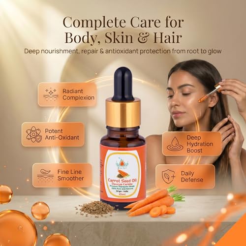 Image of KUNJ Carrot Seed Oil 10ml | 100% Pure & Natural Cold Pressed Oil | Undiluted Beauty Oil for Glowing Skin, Face Nourishment, Skin Hydration & Daily Skincare Use