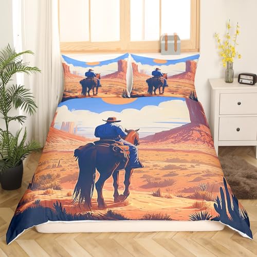 Western Cowboy Duvet Cover Set Queen Size Desert Cactus Plants Bedding Set 3pcs for Kids Teens Orange Sun Blue Sky Comforter Cover Southwest Farm Style Quilt Cover,2 Pillowcases(No Comforter)