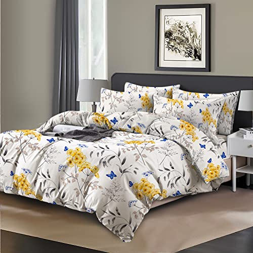 RAYBedding 4PCS King Size Duvet Cover Bed Set 100% Egyptian Cotton 400 TC Floral Pattern Duvet Cover King Set With Printed King Fitted Sheet & Pillow Cases 2 Pack