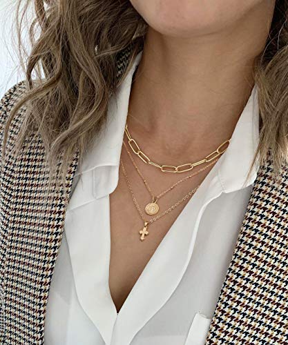 SOFYBJA Dainty 18k Gold Layered Statement Choker Necklaces for Women Tiny Cute Lock Key Pendant Personalized Double Layering Chain Necklaces2