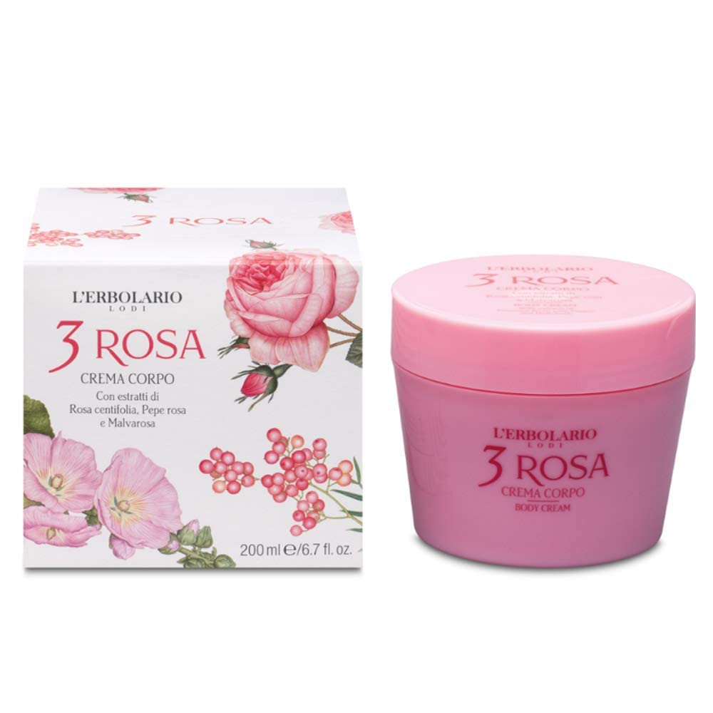 L'Erbolario – 3 Rosa – Geschenkbox in Originalverpackung (Schaumbad 250 ml, Körpercreme 200 ml, Duft 50 ml, Seife 100 g)